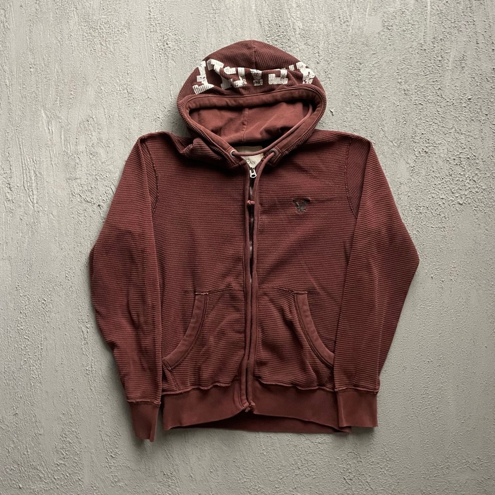 Vintage American Eagle Waffle Knit Full Zip Hoodie Mens Medium Maroon 2000s